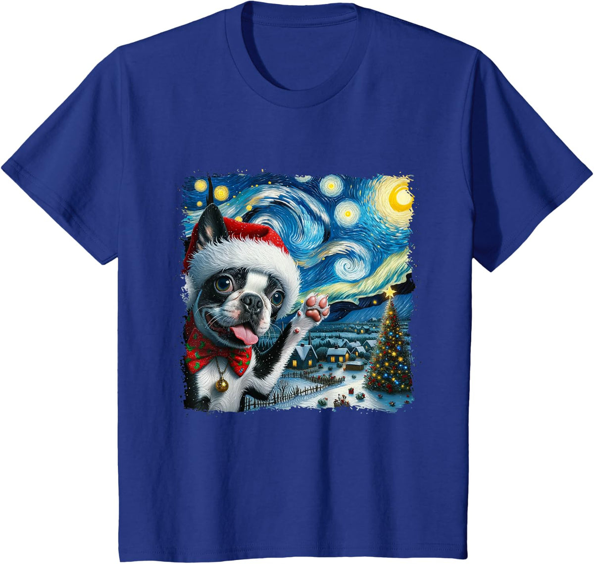 Boston Terrier Santa Starry Night Van Gogh Christmas Dog Men Women Kids T-Shirt - Royal Blue