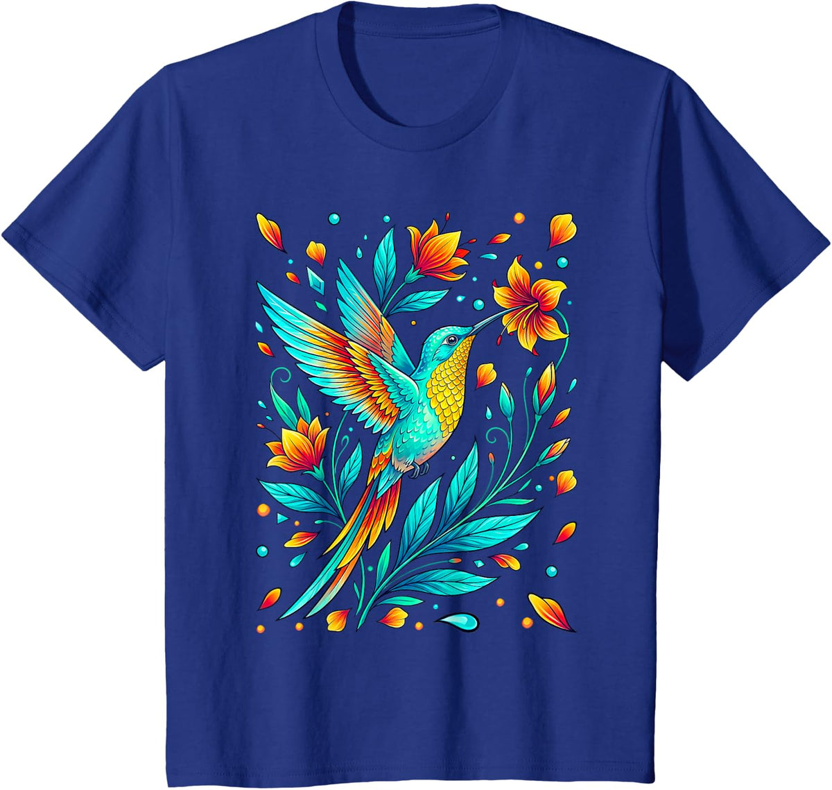 Folk Art Hummingbird Illustration T-Shirt - Royal Blue