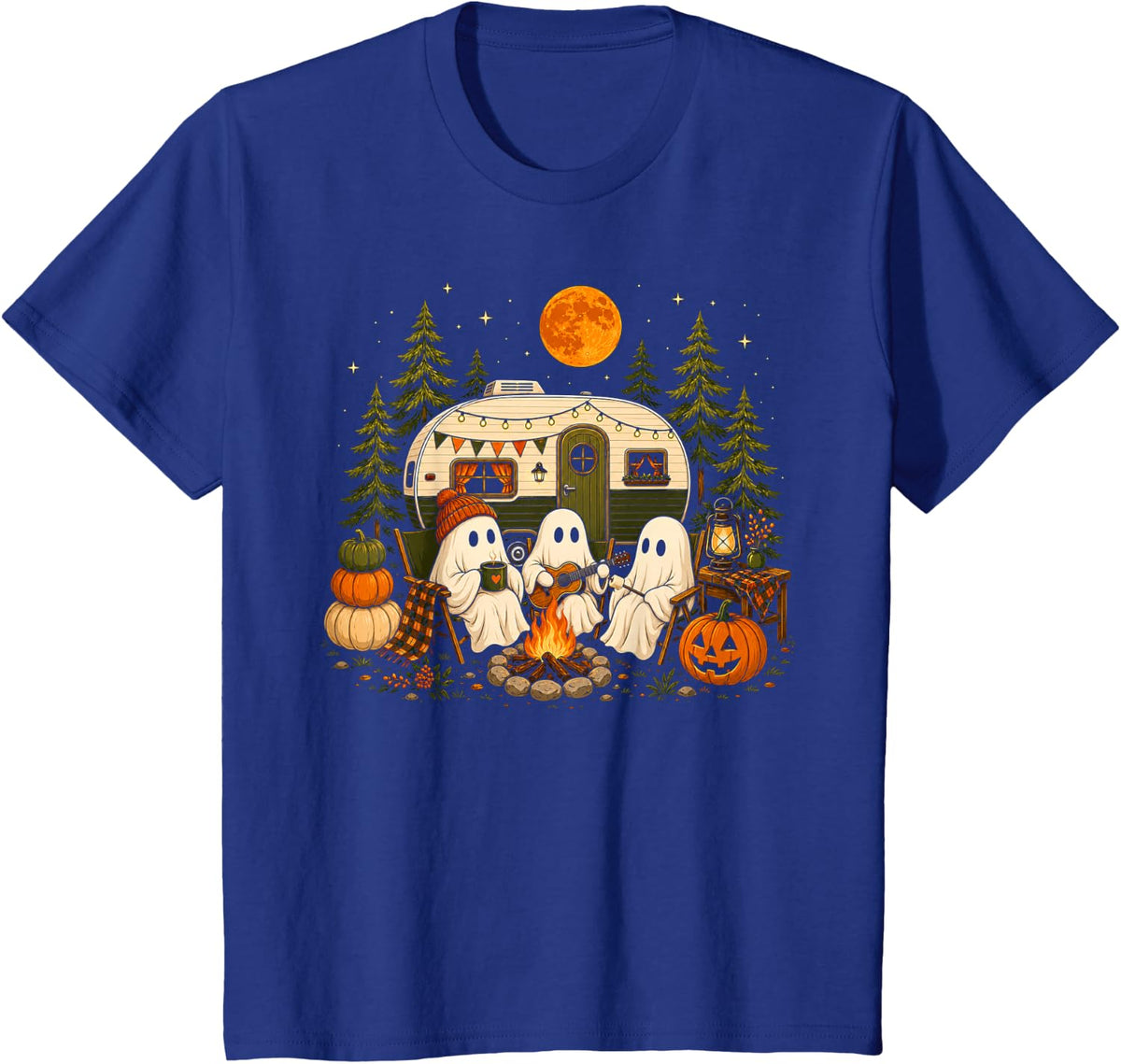 Vintage Ghosts Camping Camper Campfire Autumn Night Retro T-Shirt - Royal Blue