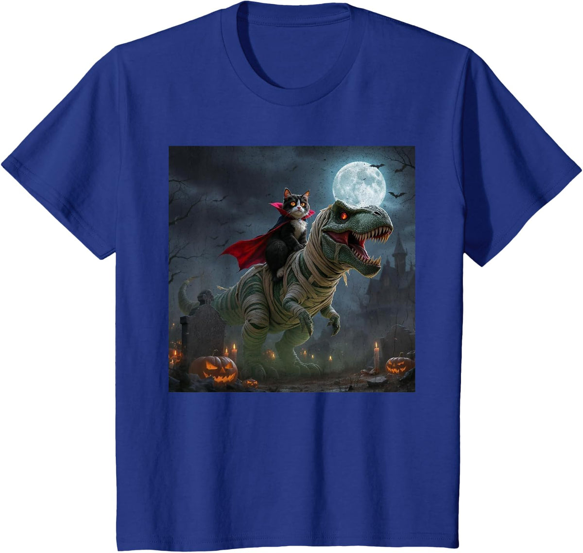 Funny Cat Vampire Riding a T-Rex Cute Halloween Meme T-Shirt - Royal Blue