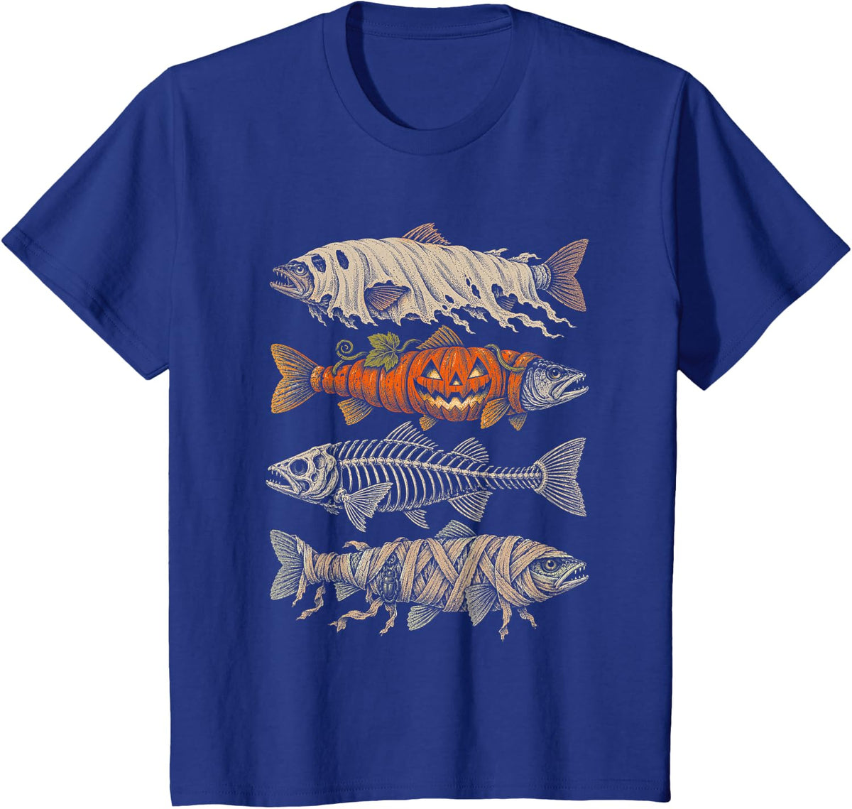 Halloween Trout Fish Ghost Pumpkin Skeleton Mummy Funny T-Shirt - Royal Blue