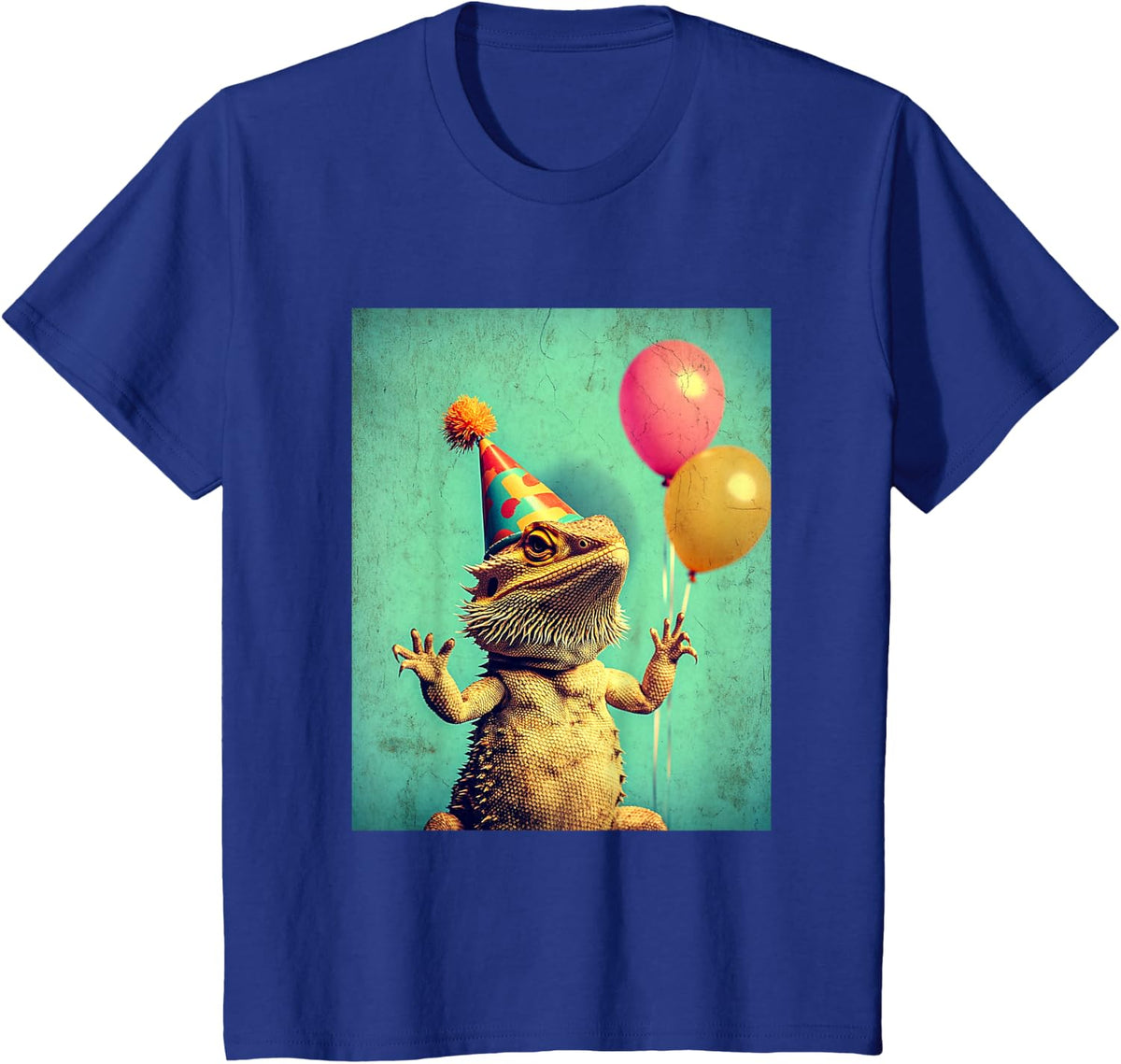 Bearded Dragon Retro Art Print Birthday Party Balloons & Hat T-Shirt - Royal Blue