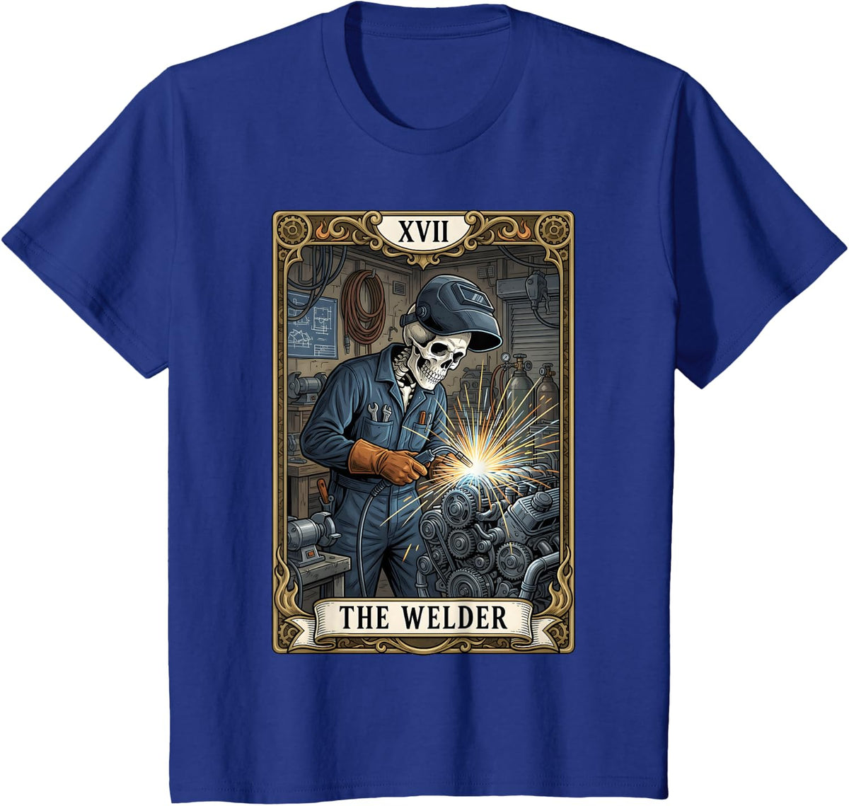 THE Welder XVII Skeleton Welding Engine Vintage Tarot Card T-Shirt - Royal Blue