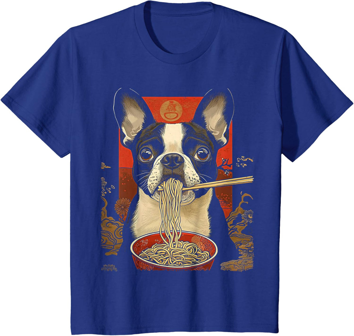 Boston Terrier Dog Eating Ramen Noodles T-Shirt - Royal Blue