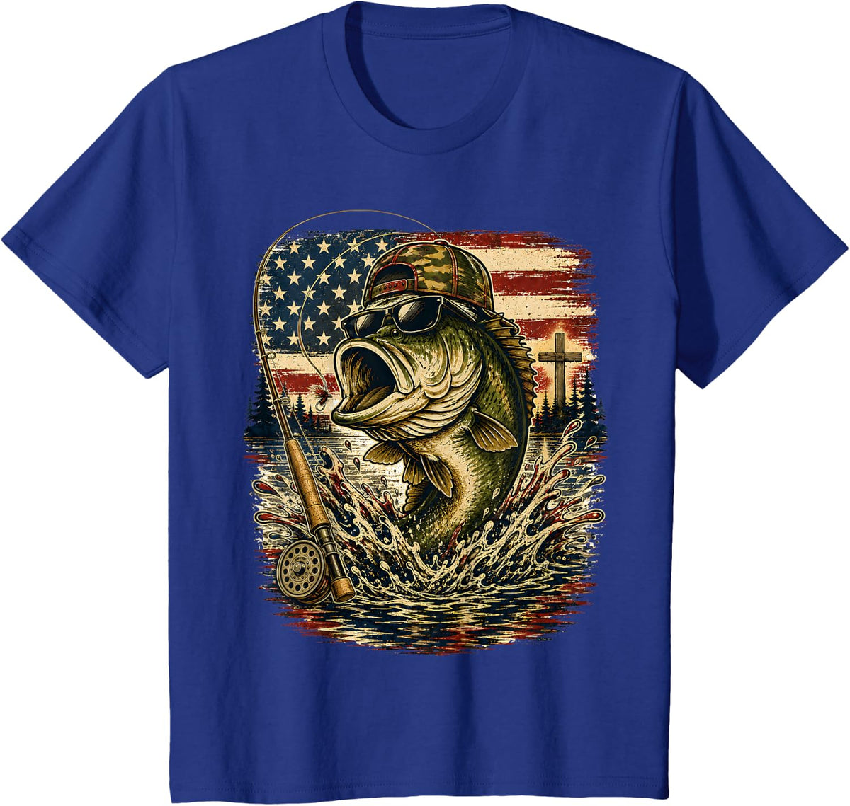 Christian Patriotic Bass Fishing American Flag Fisherman T-Shirt - Royal Blue