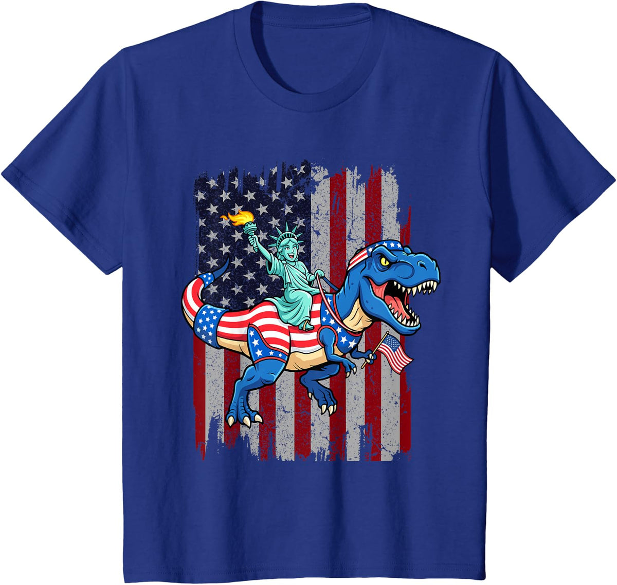 Dinosaur Statue of Liberty 4th of July American Flag Boys T-Shirt - Royal Blue