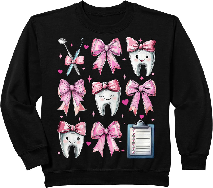 Coquette Bow Dental Nurse Dental Assistant Hygienist Tooth Sweatshirt - Black
