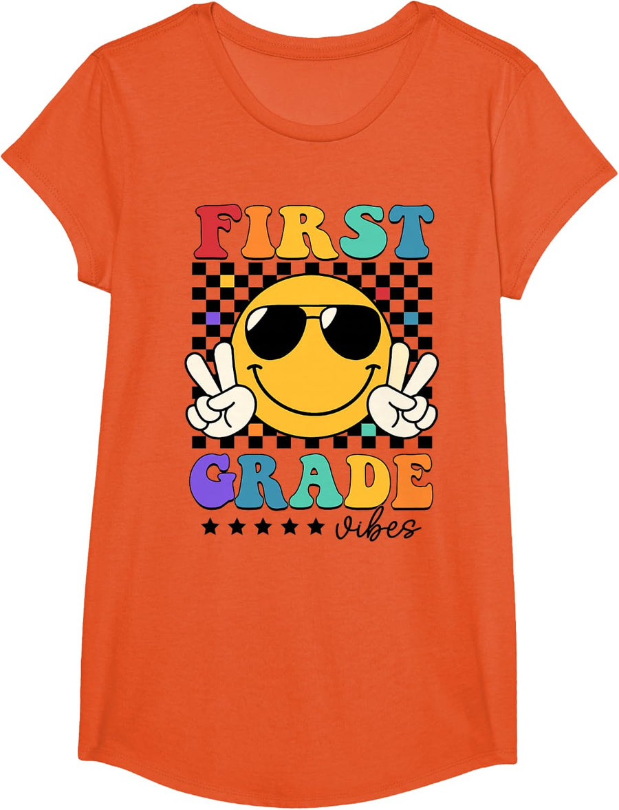1st Grade Vibes Smile Face Back to School Girls First Grade T-Shirt - Girls Orange
