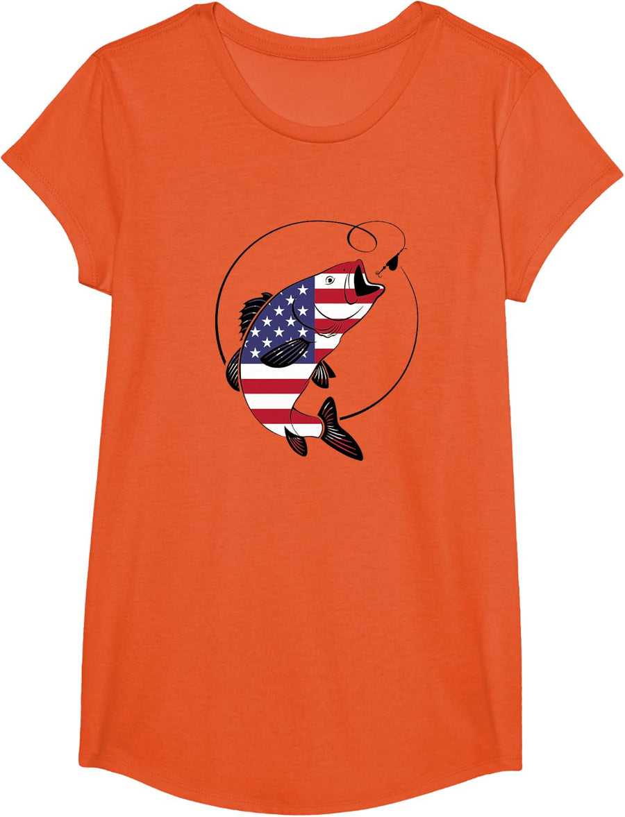 American Flag Fishing Shirt Vintage 4th July USA Patriotic T-Shirt - Girls Orange