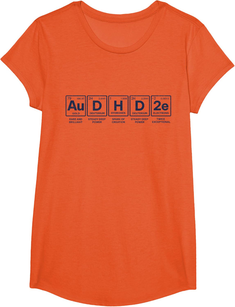 AuDHD 2e Periodic Table Twice Exceptional Nerds Minimalistic T-Shirt - Girls Orange