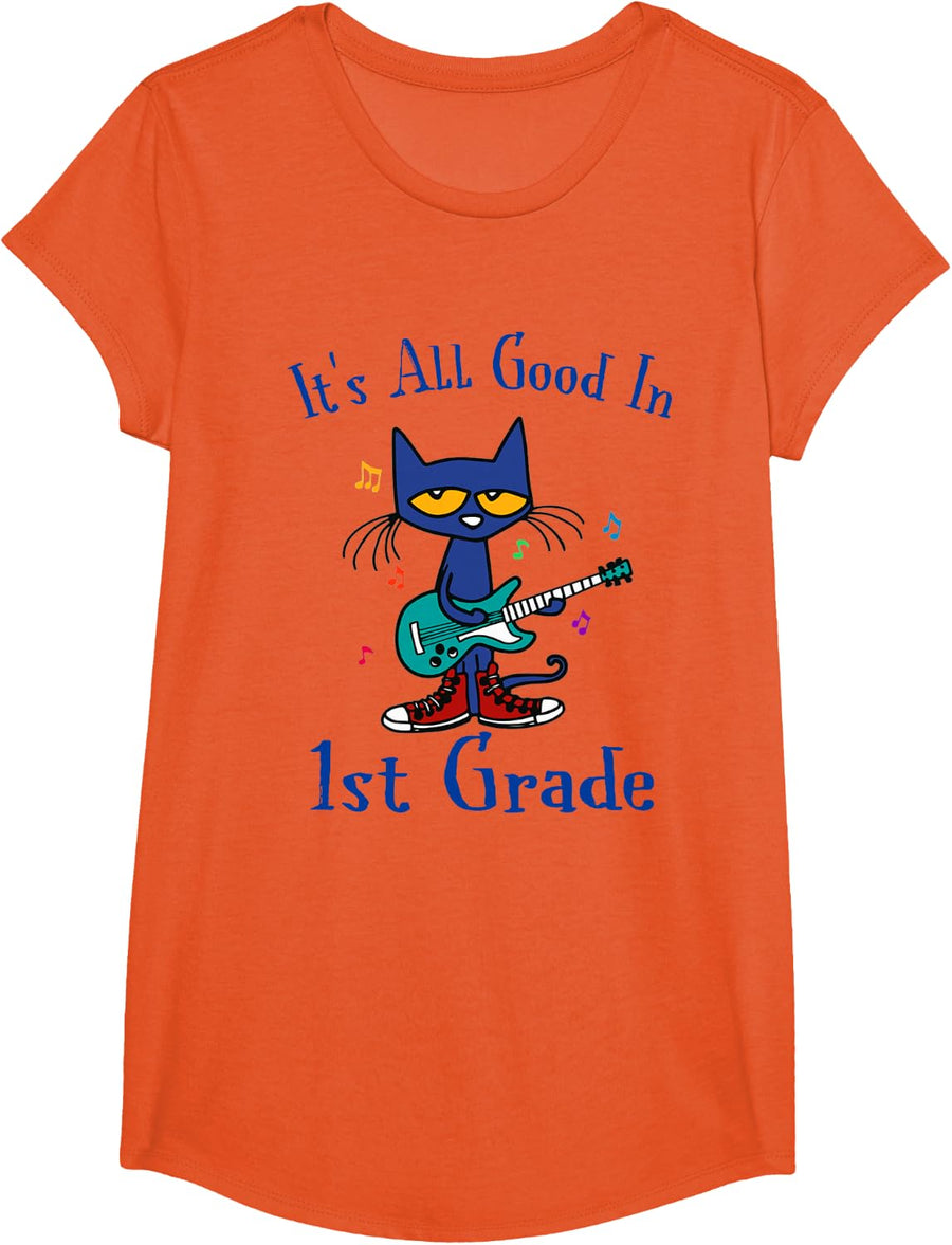 Its All Good In 1st Grade Cat Guitar First Grade Teacher Tee T-Shirt - Girls Orange