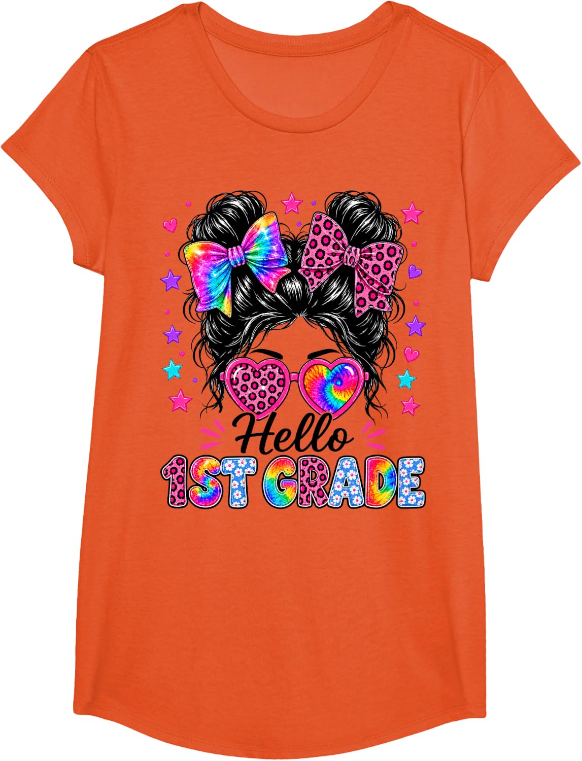 Hello 1st Grade Messy Bun First Day of School T-Shirt Tee for Girls and Teachers - Girls Orange
