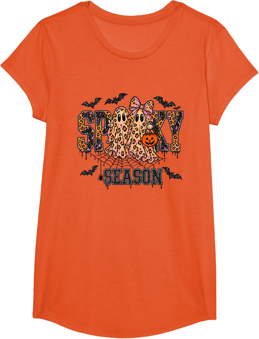 Spooky Season Ghost Leopard Halloween Pumpkin T-Shirt - Girls Orange