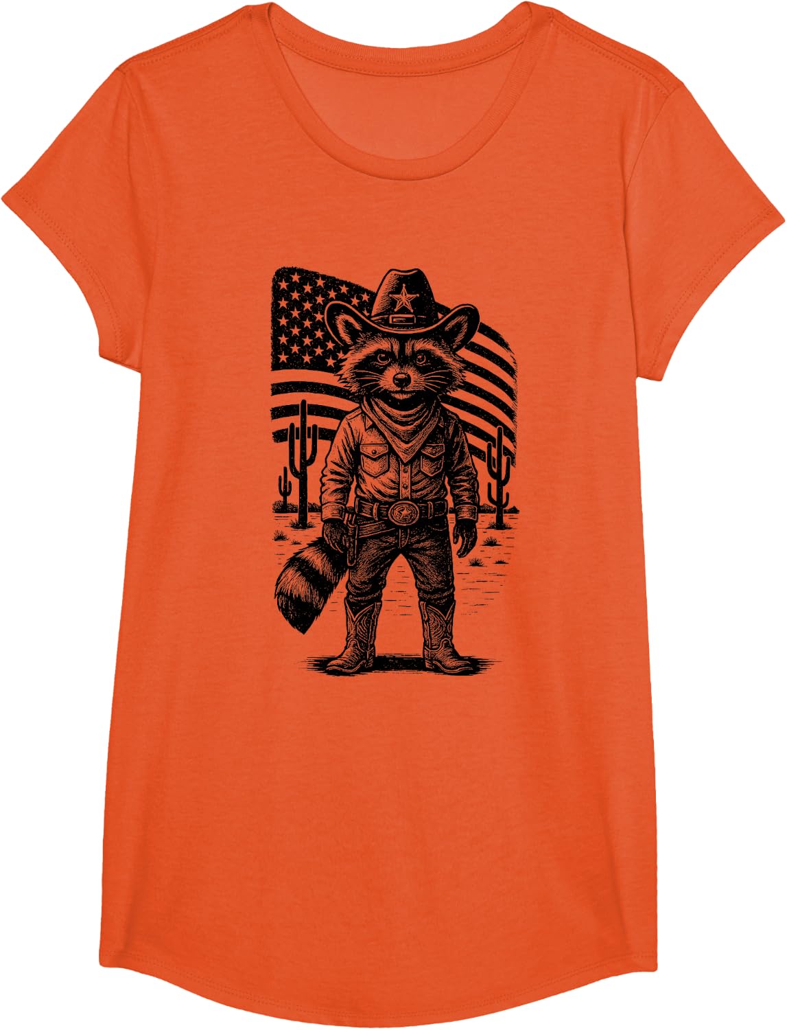 Vintage Cowboy Raccoon Tee Western Country T-Shirt USA Flag Trash Panda Tees - Girls Orange
