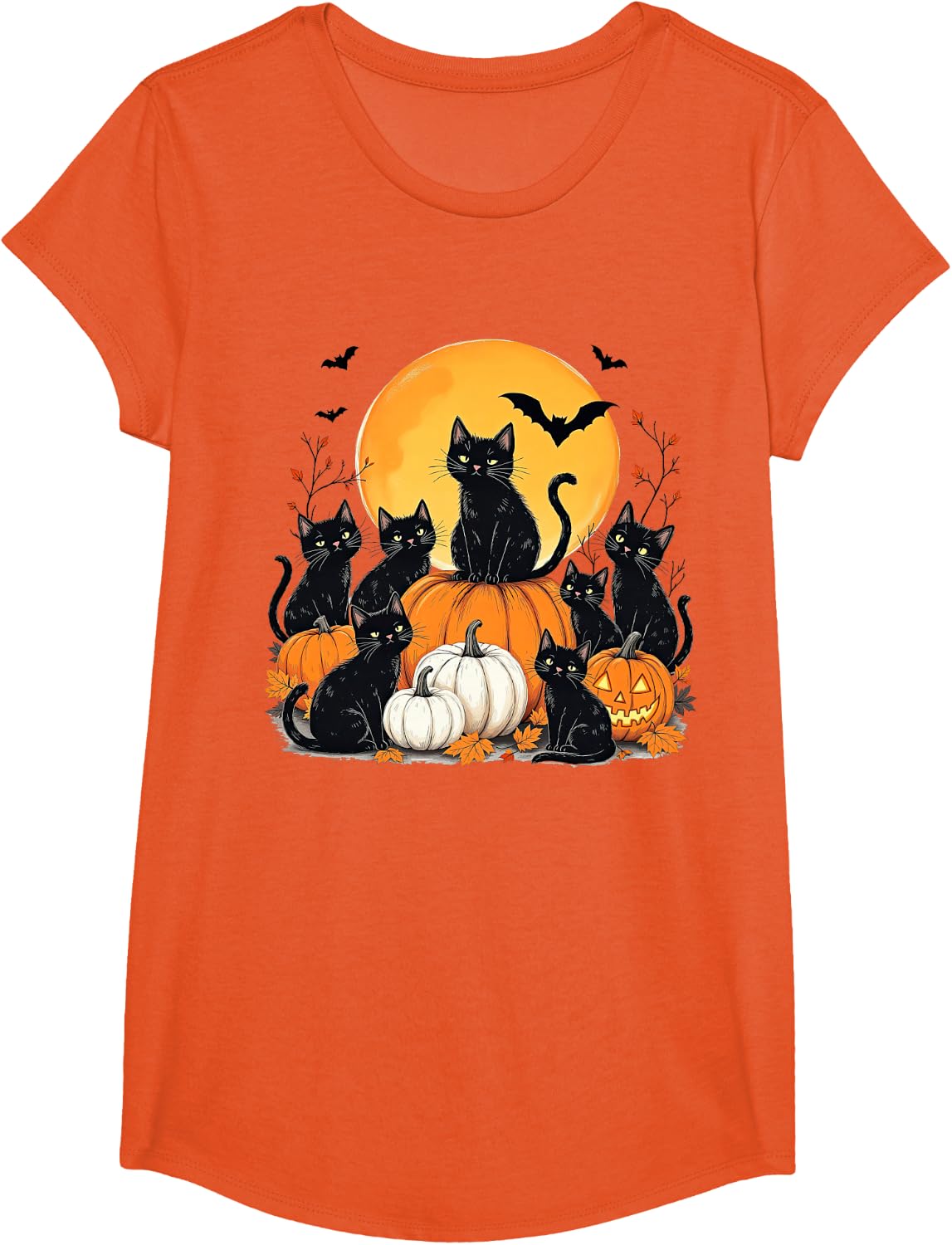 Black Cats Halloween Nights Pumpkin Season Spooky Vibes T-Shirt - Girls Orange