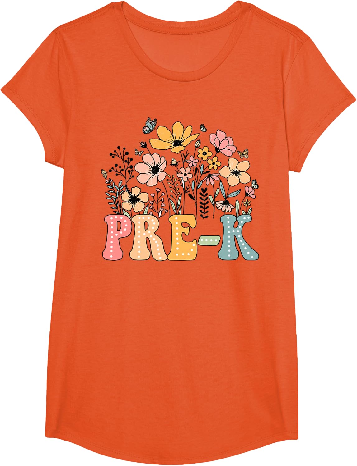 Wildflower Pre-K Preschool Team Floral Teacher Tees T-Shirts for Girls Back to School - Girls Orange