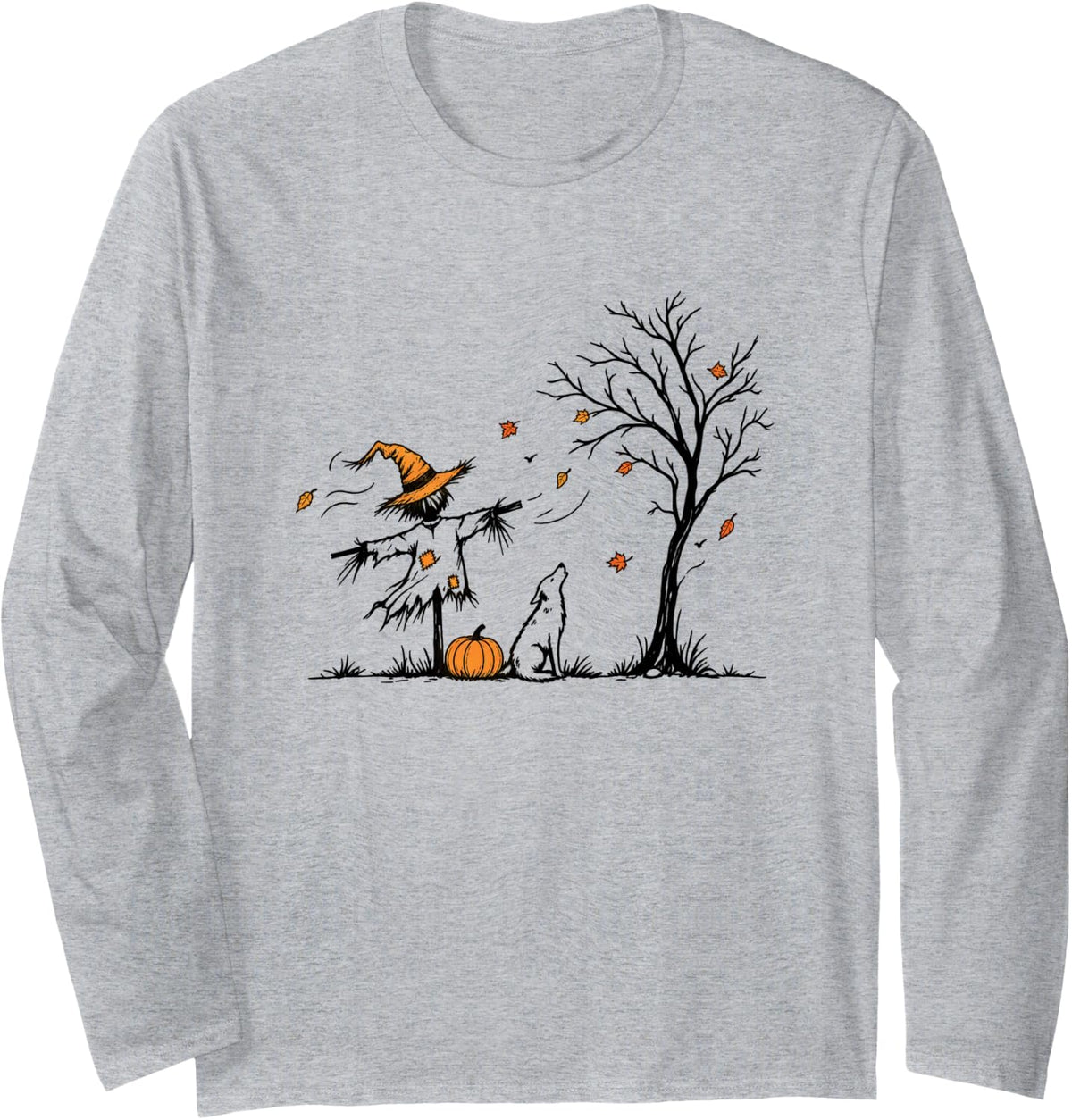 Minimalist Halloween Scarecrow Dog Autumn Leaves Women Long Sleeve T-Shirt - Adult Unisex Heather Grey
