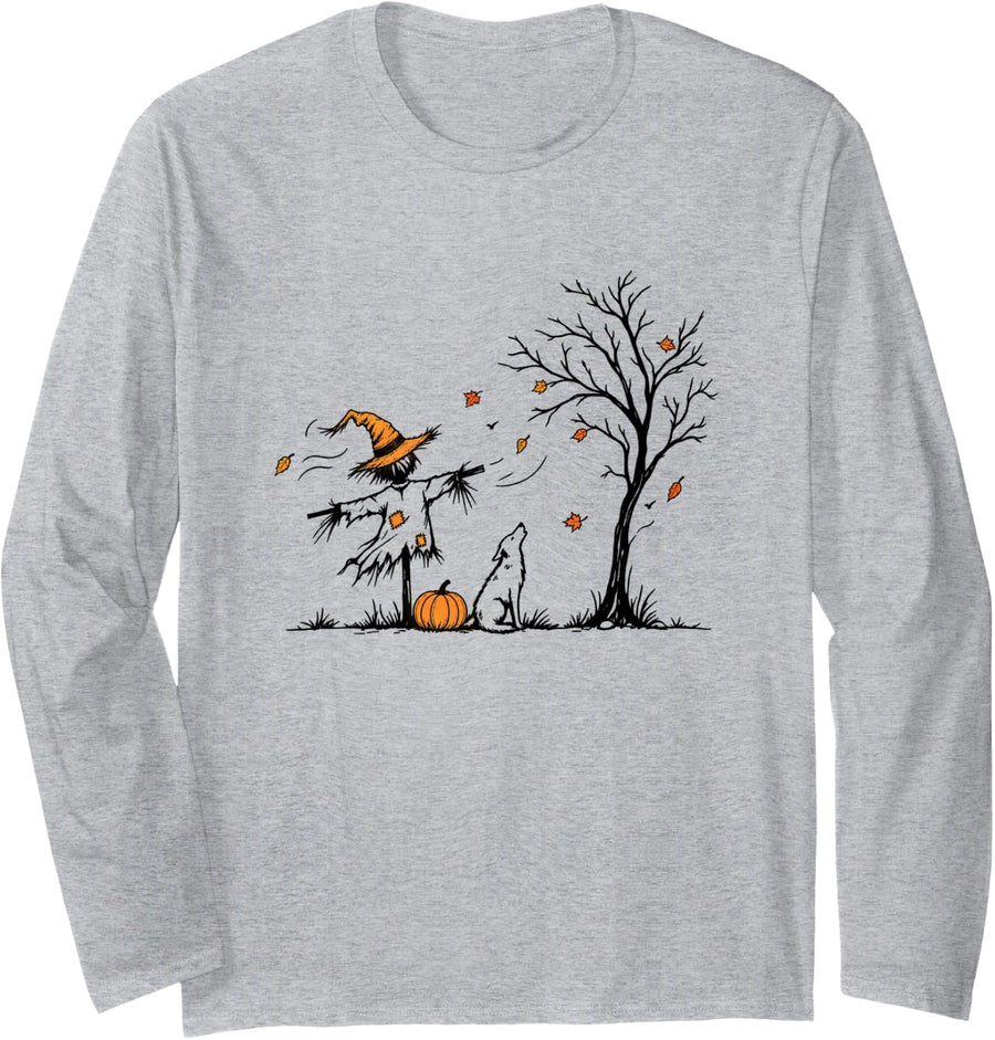 Minimalist Halloween Scarecrow Dog Autumn Leaves Women Long Sleeve T-Shirt - Adult Unisex Heather Grey