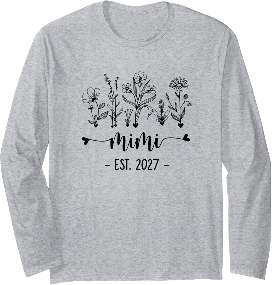Promoted to Mimi Est 2027 Pregnancy Announcement Flower Long Sleeve T-Shirt - Adult Unisex Heather Grey