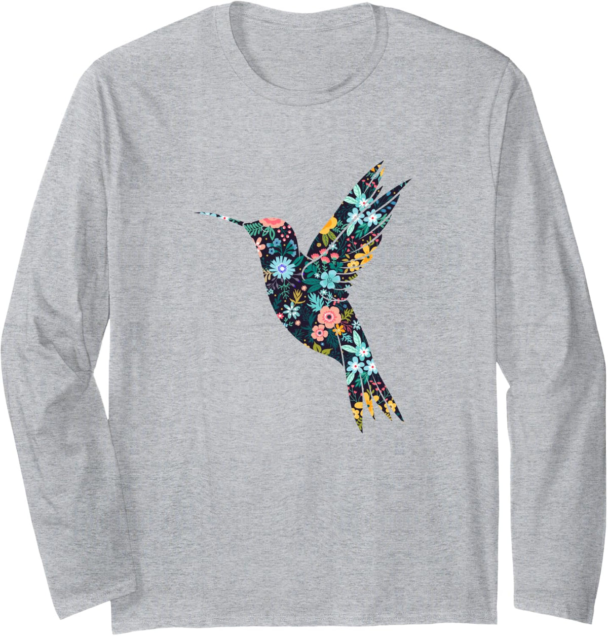 Floral Hummingbird Silhouette Womens Girls Graphic Long Sleeve T-Shirt - Adult Unisex Heather Grey