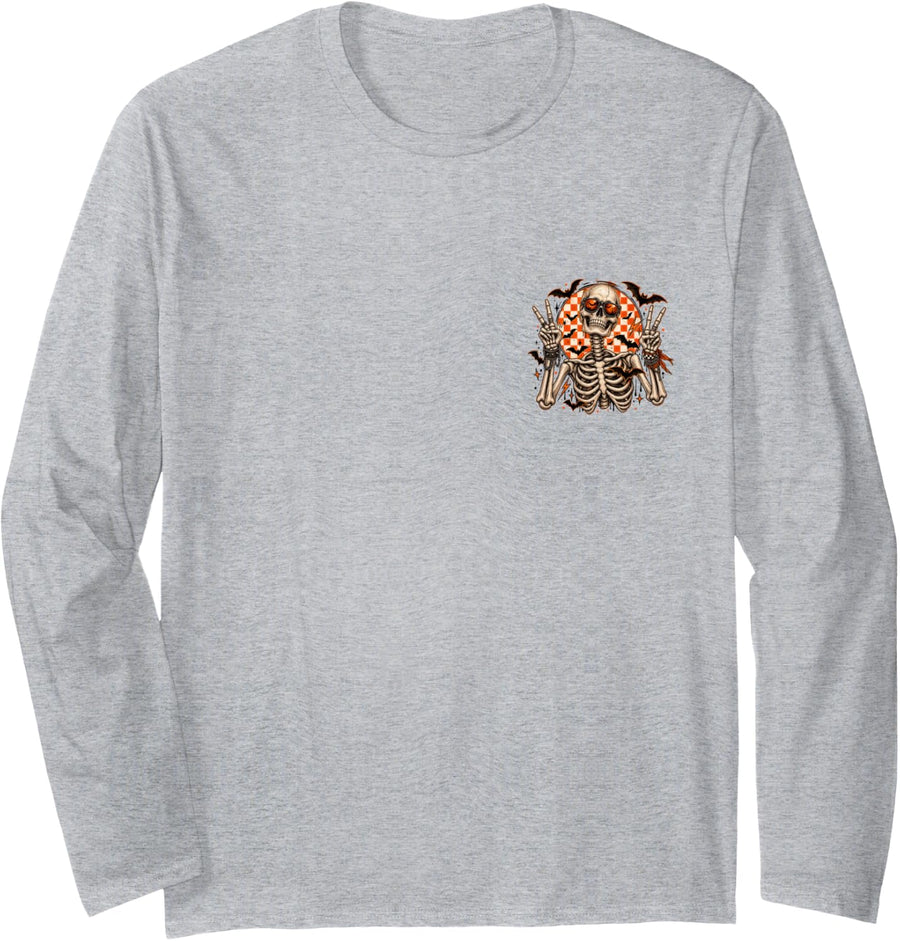 Spooky Season Skeleton Halloween Front and Back Long Sleeve T-Shirt - Adult Unisex Heather Grey