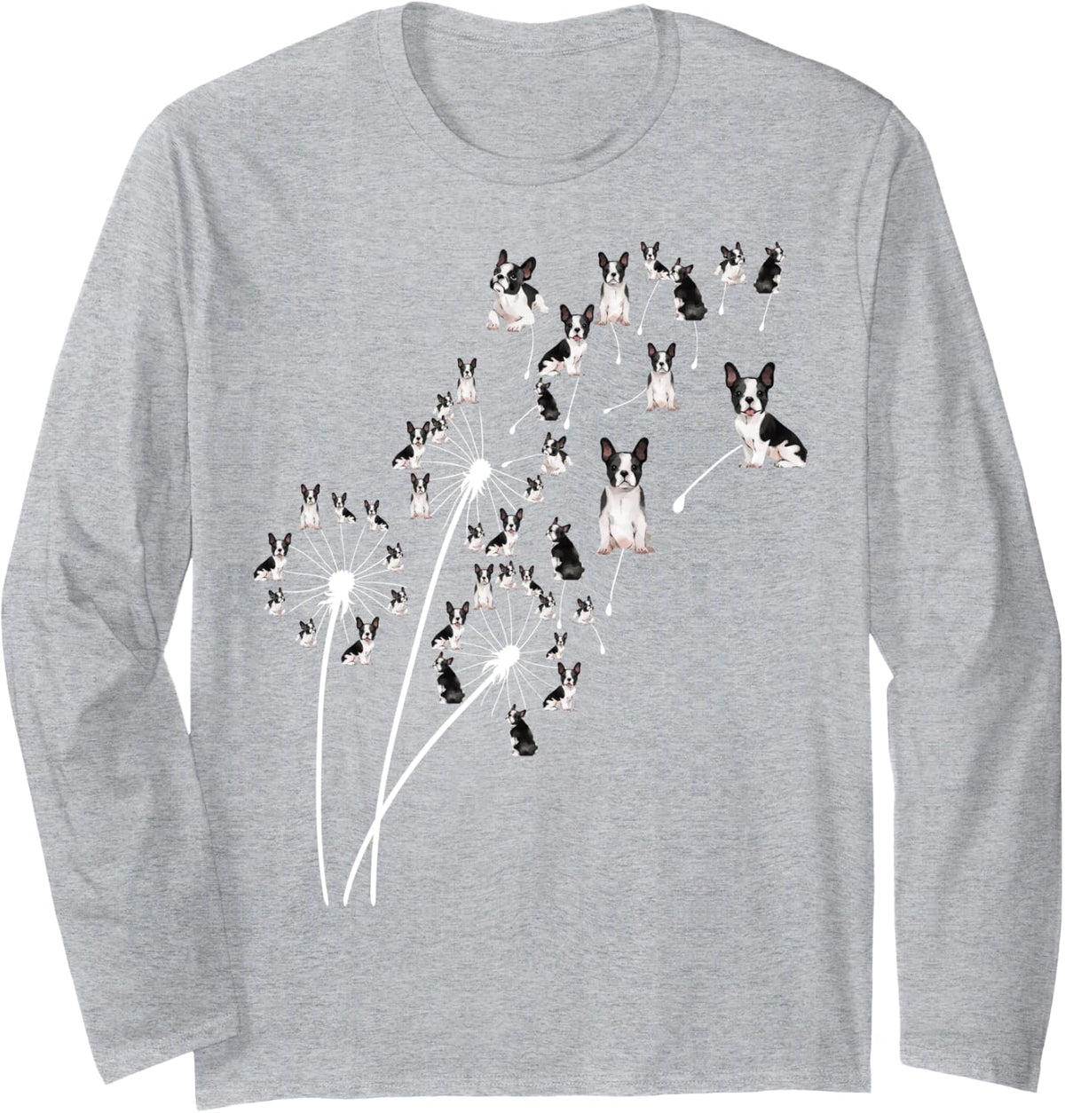 Dandelion Boston Terrier Flower, Floral Bostie Tree Long Sleeve T-Shirt - Adult Unisex Heather Grey