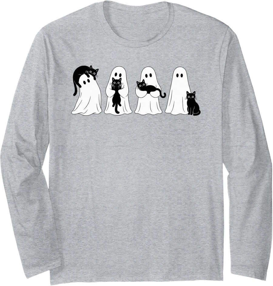 Boo Ghost Black Cat Spooky Season Halloween Cat Lover Long Sleeve T-Shirt - Adult Unisex Heather Grey