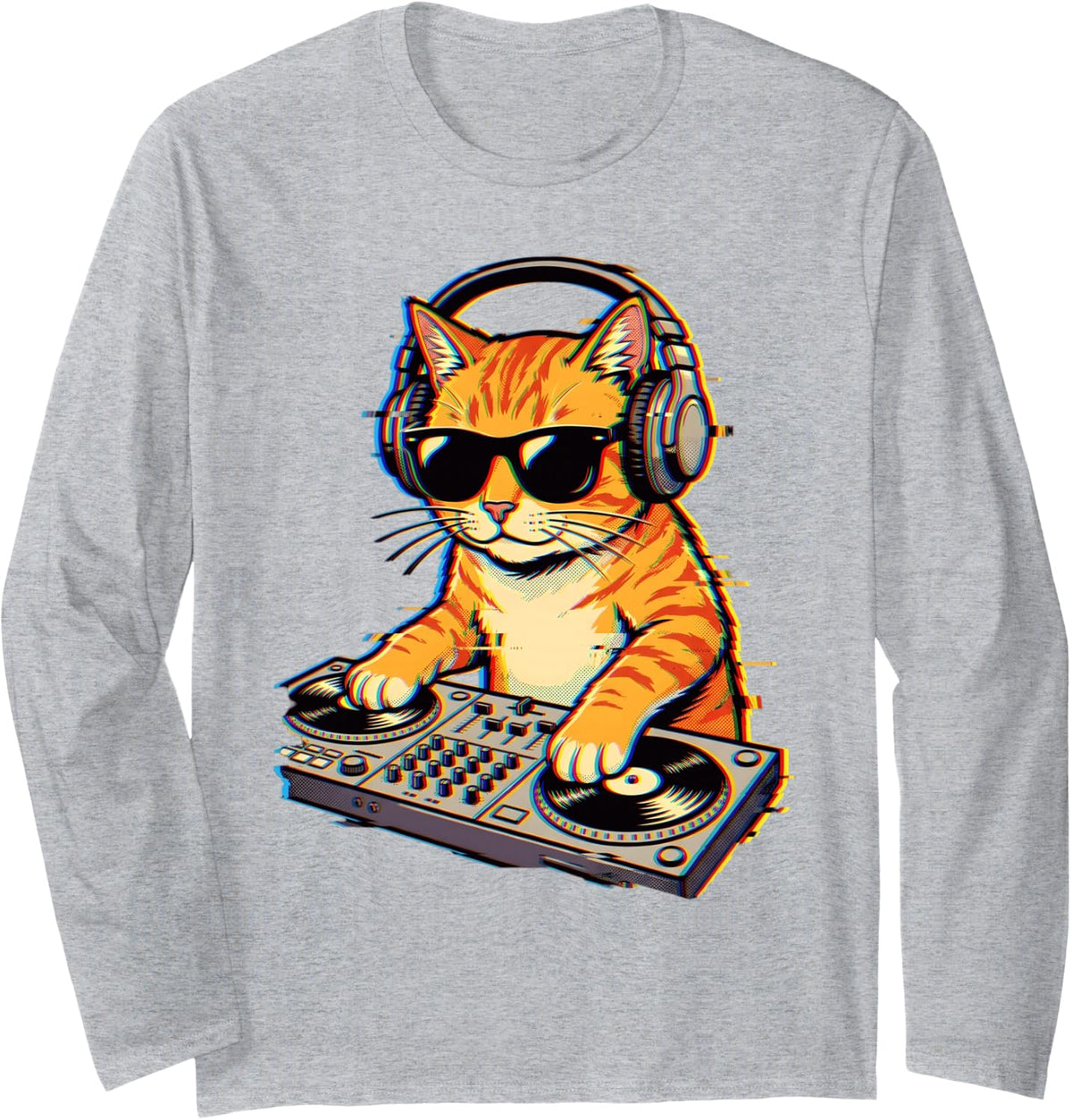 House Music Tabby Cat Techno Turntable DJ Long Sleeve T-Shirt - Adult Unisex Heather Grey