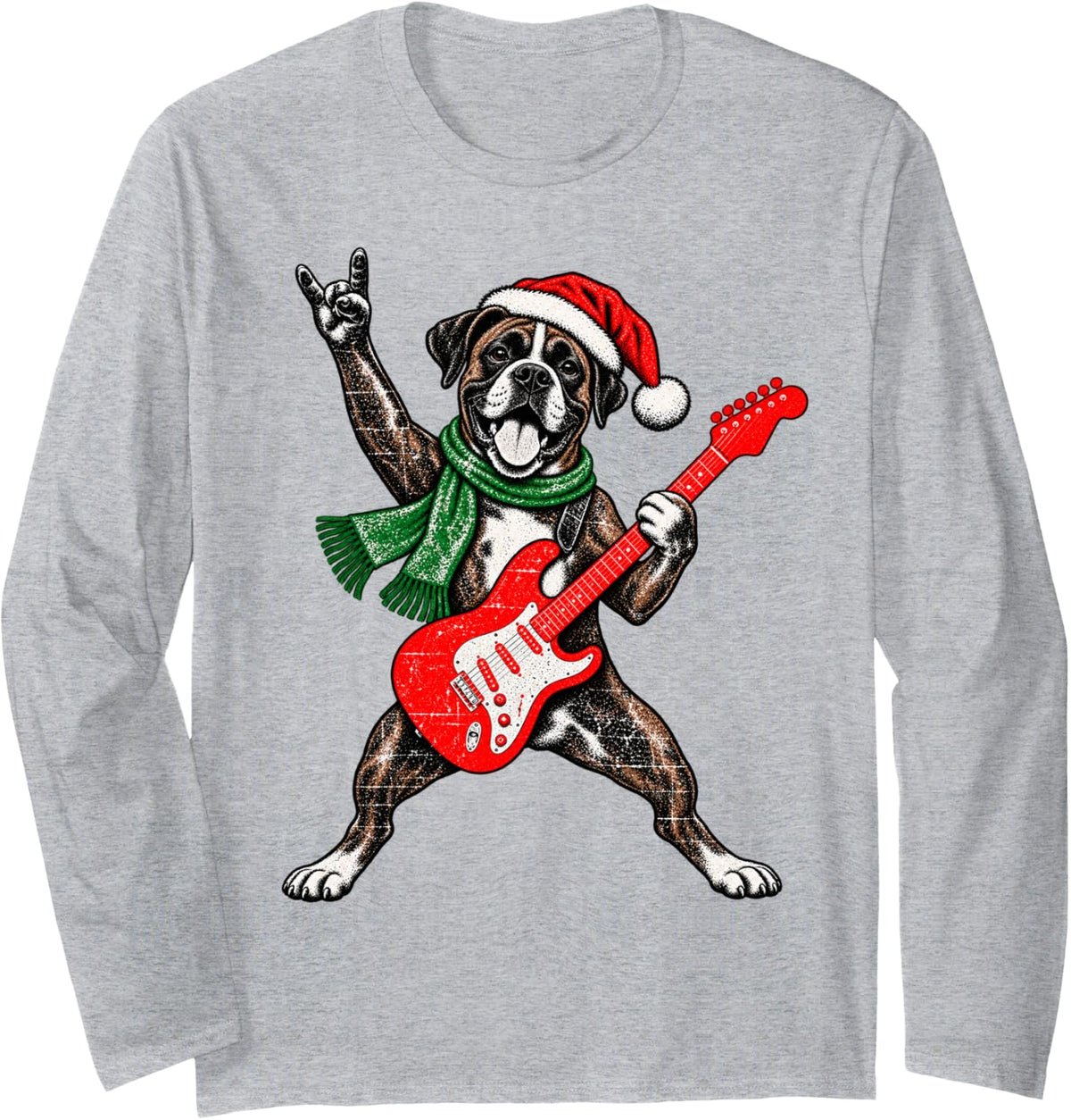 Vintage Boxer Rock Playing Guitar Funny Christmas Long Sleeve T-Shirt - Adult Unisex Heather Grey