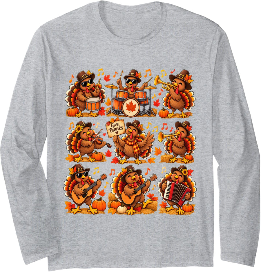 Turkey Band Music Thankful Musician Concert Thanksgiving Long Sleeve T-Shirt - Adult Unisex Heather Grey