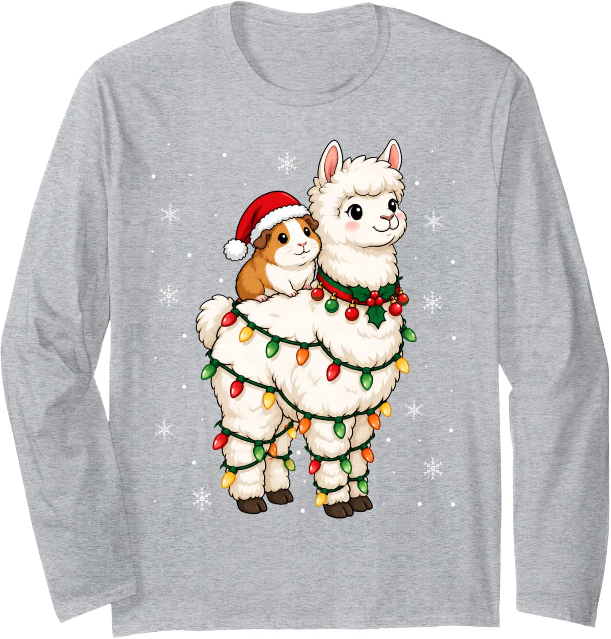 Festive Santa Guinea Pig Alpaca Christmas Lights Holiday Long Sleeve T-Shirt - Adult Unisex Heather Grey