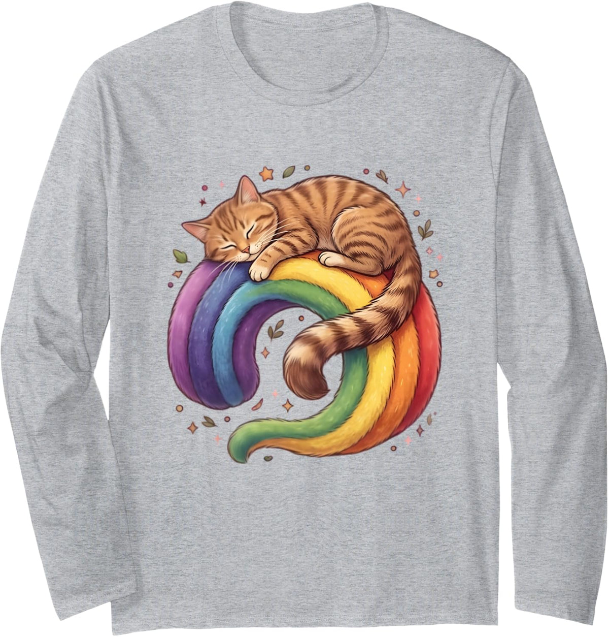 Dreaming Tabby Kitty Embracing a Fluffy Rainbow Arch Art Long Sleeve T-Shirt - Adult Unisex Heather Grey