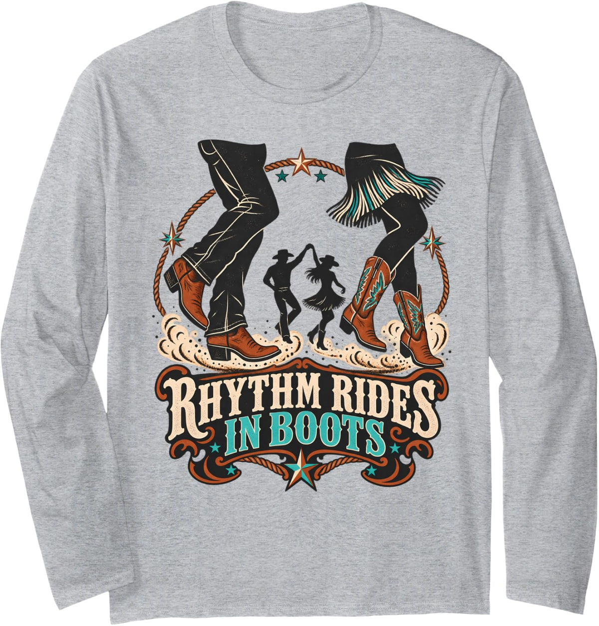 Rhythm Rides in Boots Line Dance Western Dance Long Sleeve T-Shirt - Adult Unisex Heather Grey