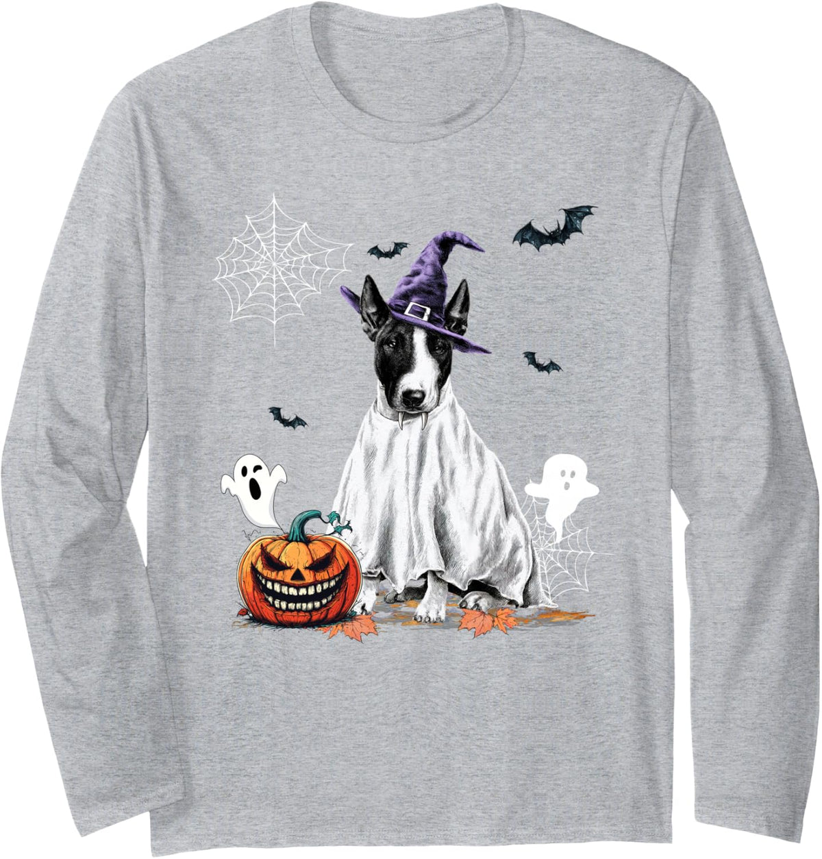 Scary Pumpkin Bat Witch Hat Bull Terrier Dog Halloween Long Sleeve T-Shirt - Adult Unisex Heather Grey