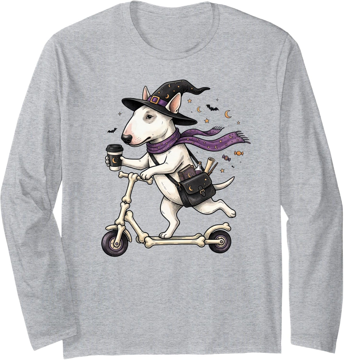 Bull Terrier Scooter Witch Halloween Kids Mens Womens Long Sleeve T-Shirt - Adult Unisex Heather Grey