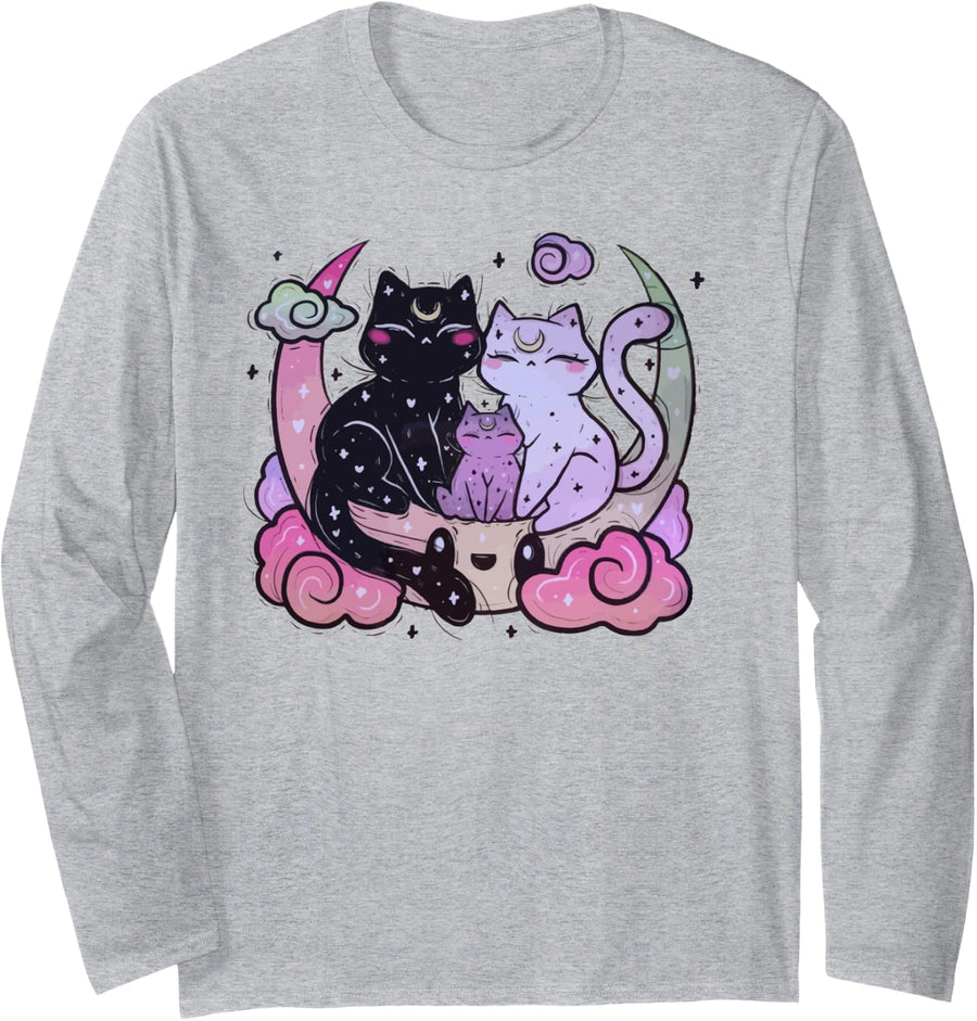 Pastel Goth Clothing Creepy CAt Family on Moon Long Sleeve T-Shirt - Adult Unisex Heather Grey