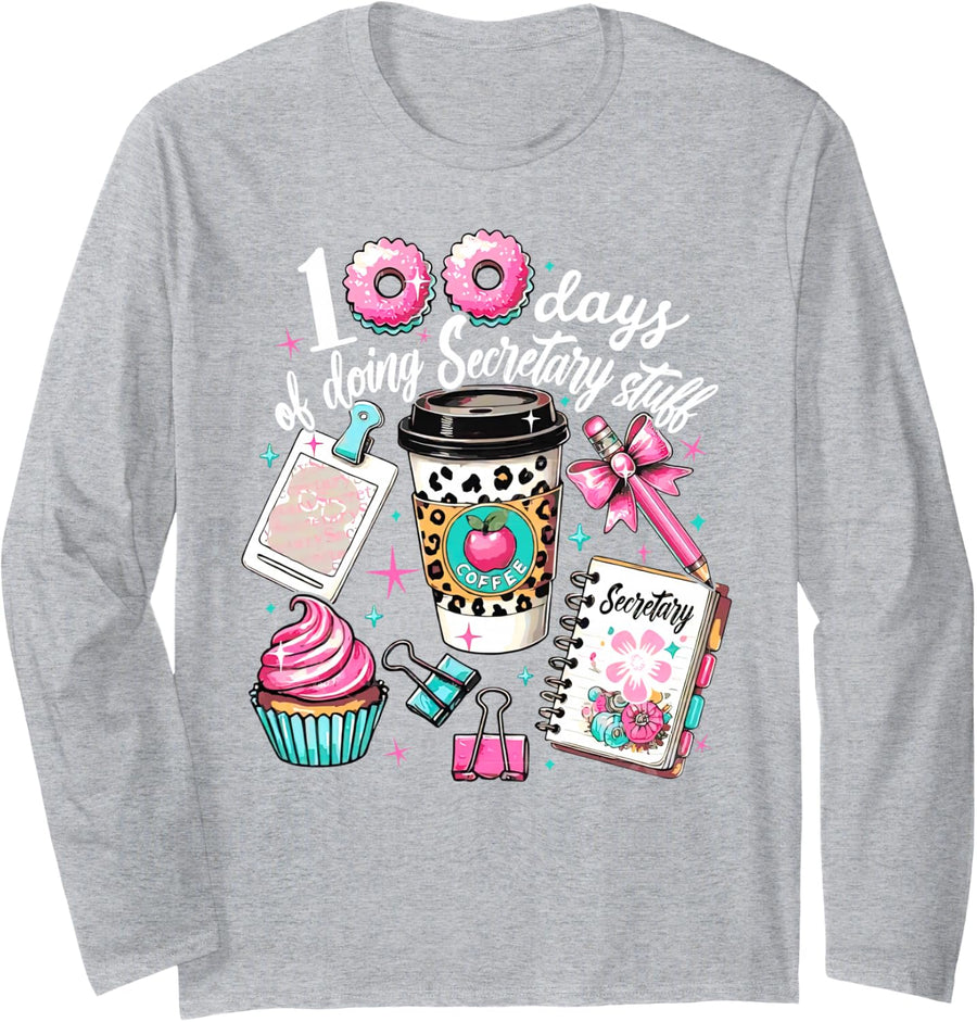 100 Days of Doing Secretary Stuff 100th Days of School Long Sleeve T-Shirt - Adult Unisex Heather Grey