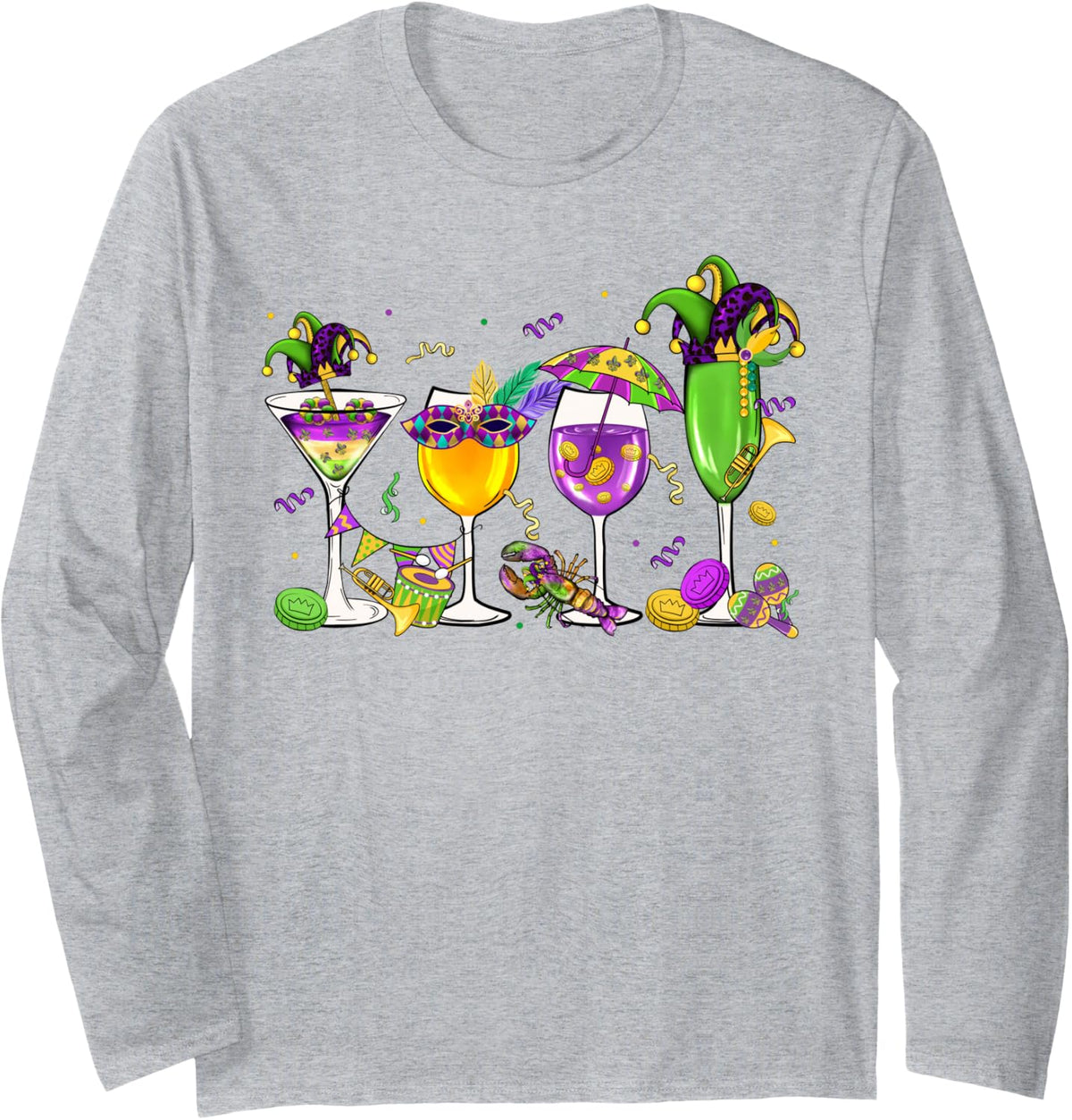 Fat Tuesday Mardi Gras Wine Glasses Drink Carnival Men Women Long Sleeve T-Shirt - Adult Unisex Heather Grey