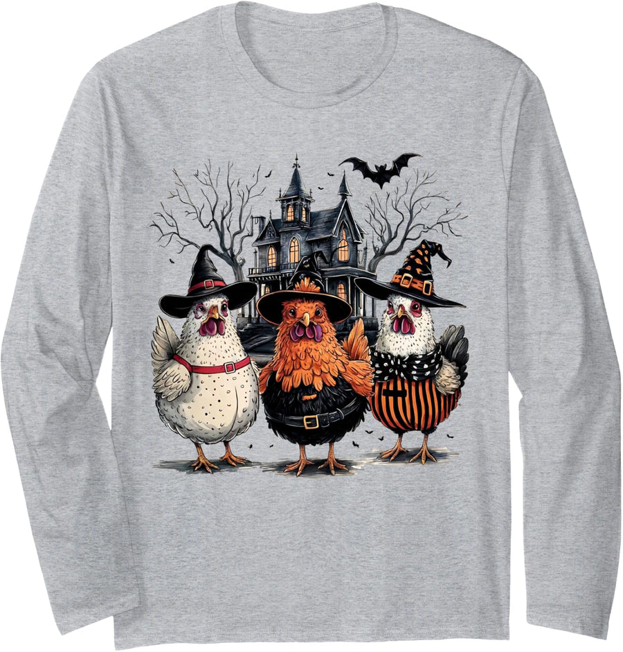 Halloween Spooky Chickens Funny Chicken Halloween Costume Long Sleeve T-Shirt - Adult Unisex Heather Grey