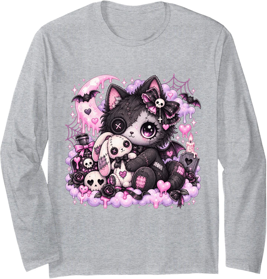 Cute Creepy Cat Bats and Bunny Kawaii Pastel Goth Long Sleeve T-Shirt - Adult Unisex Heather Grey