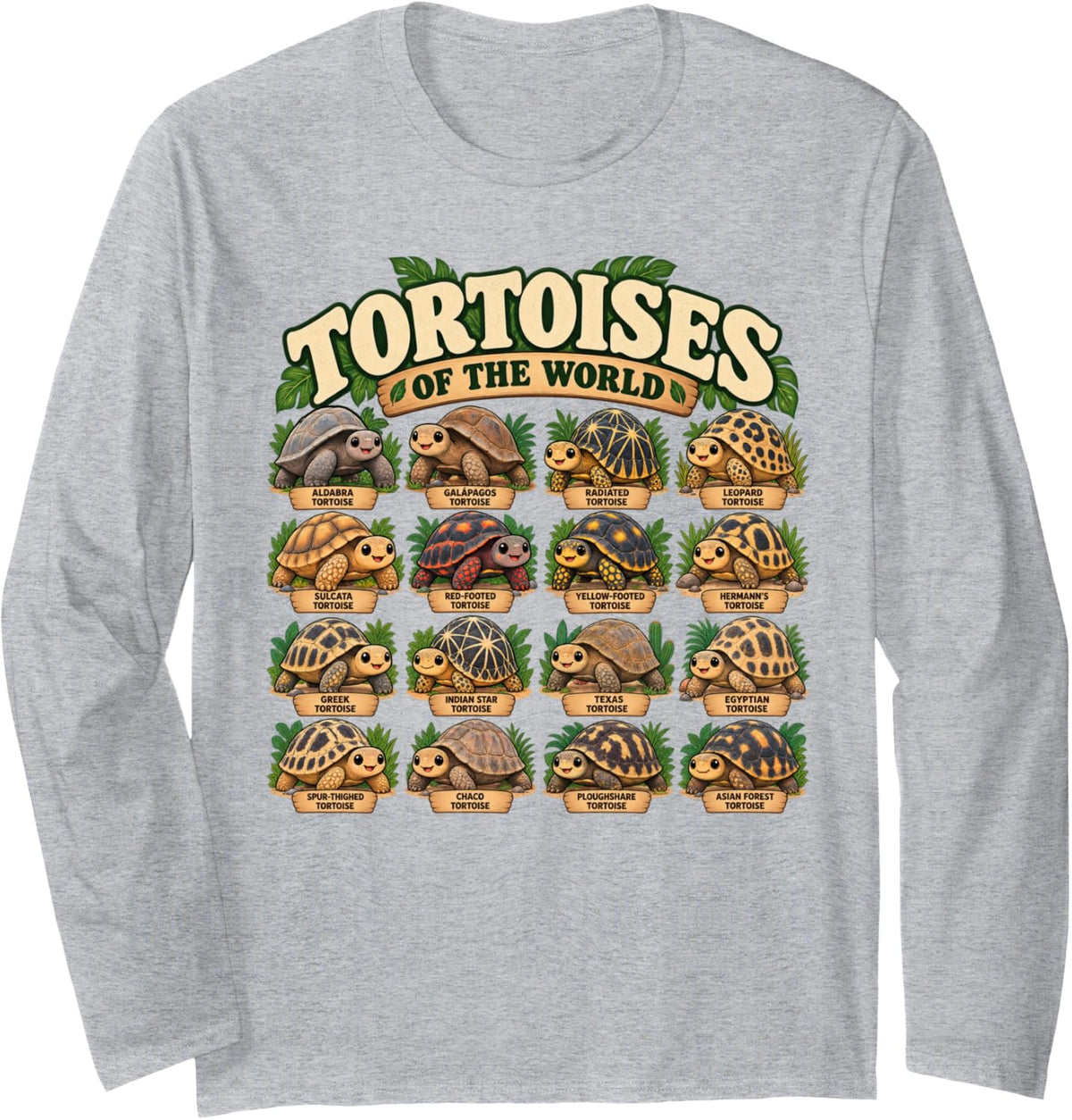 Tortoises of The World Kawaii Reptile Species Long Sleeve T-Shirt - Adult Unisex Heather Grey