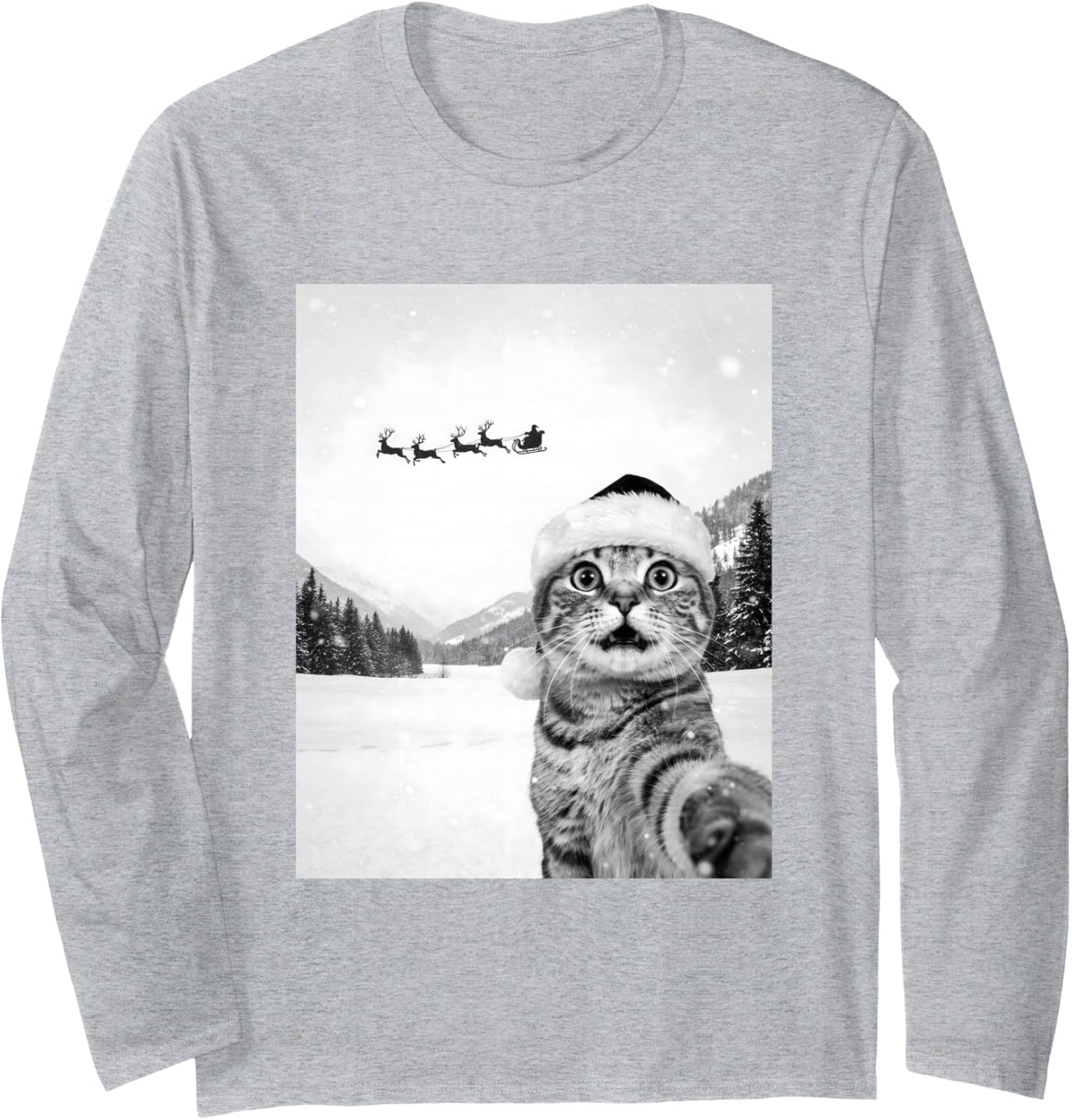 Cat Selfie with Santa Funny Christmas Cat Mom Cat Dad Xmas Long Sleeve T-Shirt - Adult Unisex Heather Grey