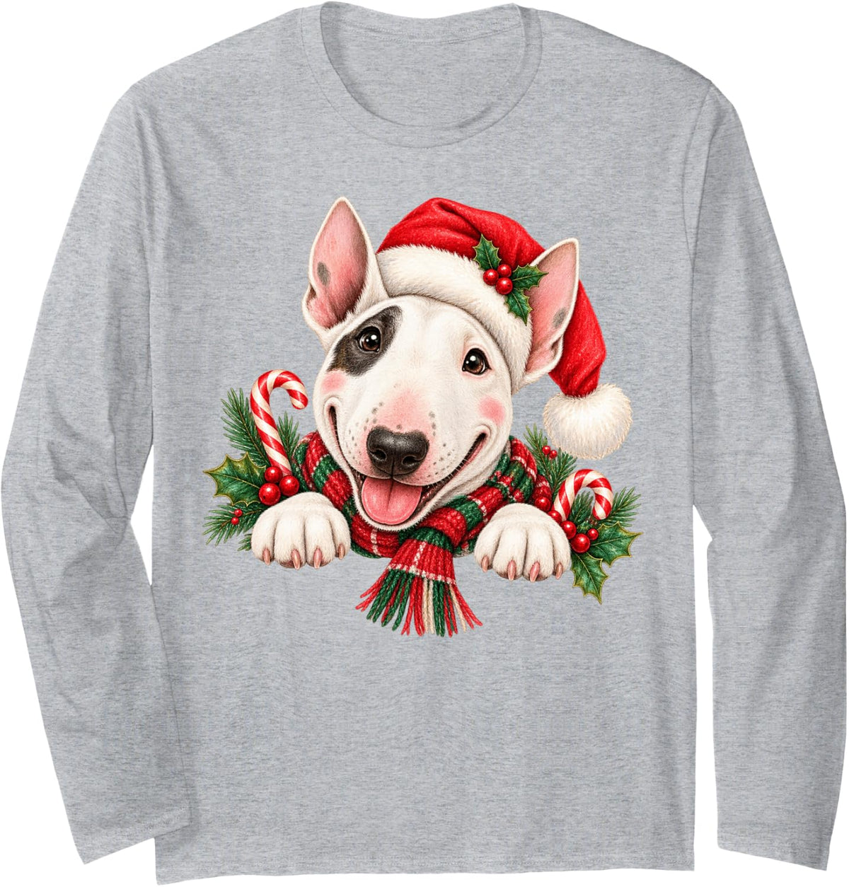 Bull Terrier Dog Christmas Santa Hat Mom Dad Long Sleeve T-Shirt - Adult Unisex Heather Grey