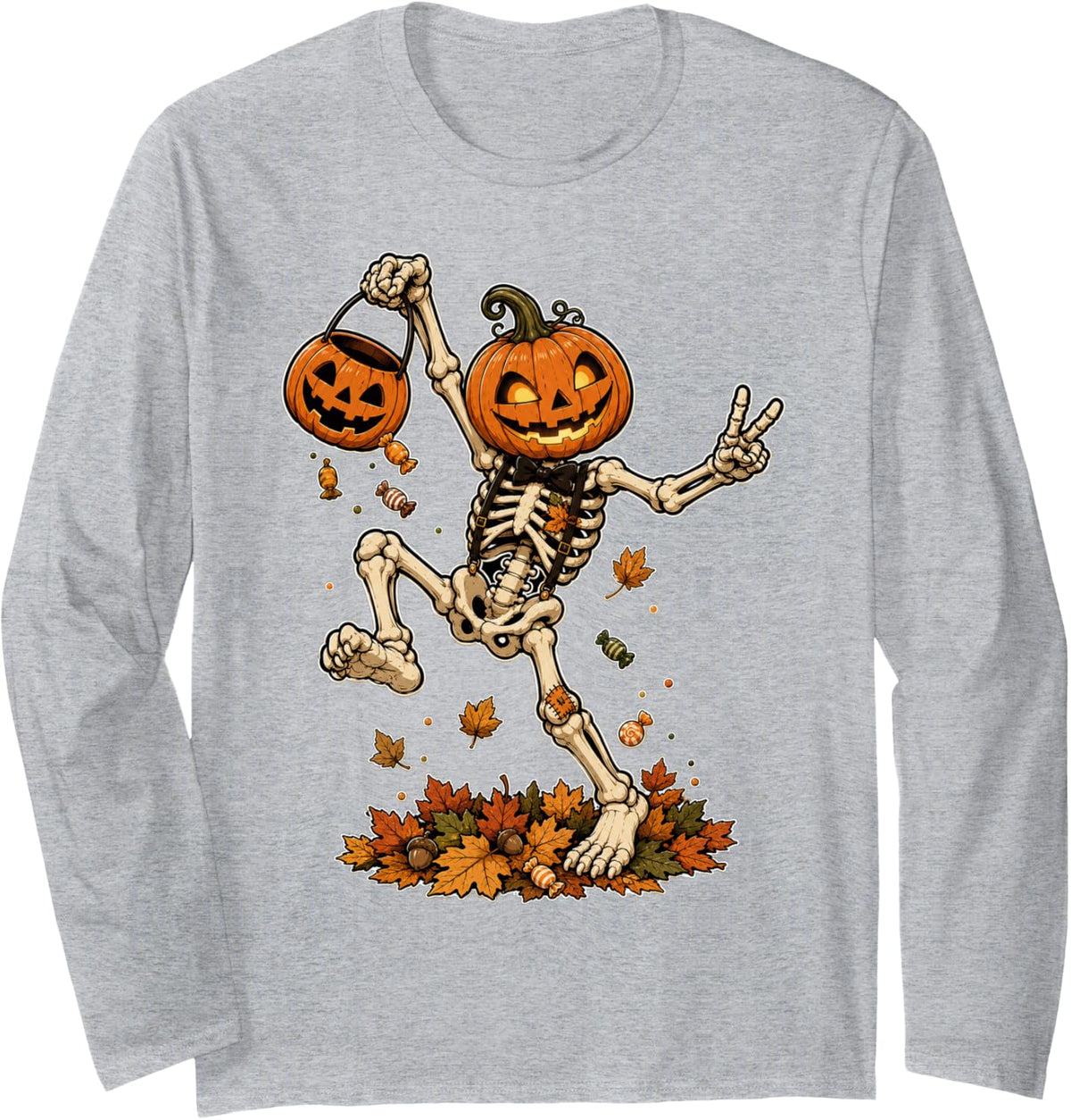 Spooky Season Jack O Lantern Pumpkin Skeleton Halloween Long Sleeve T-Shirt - Adult Unisex Heather Grey