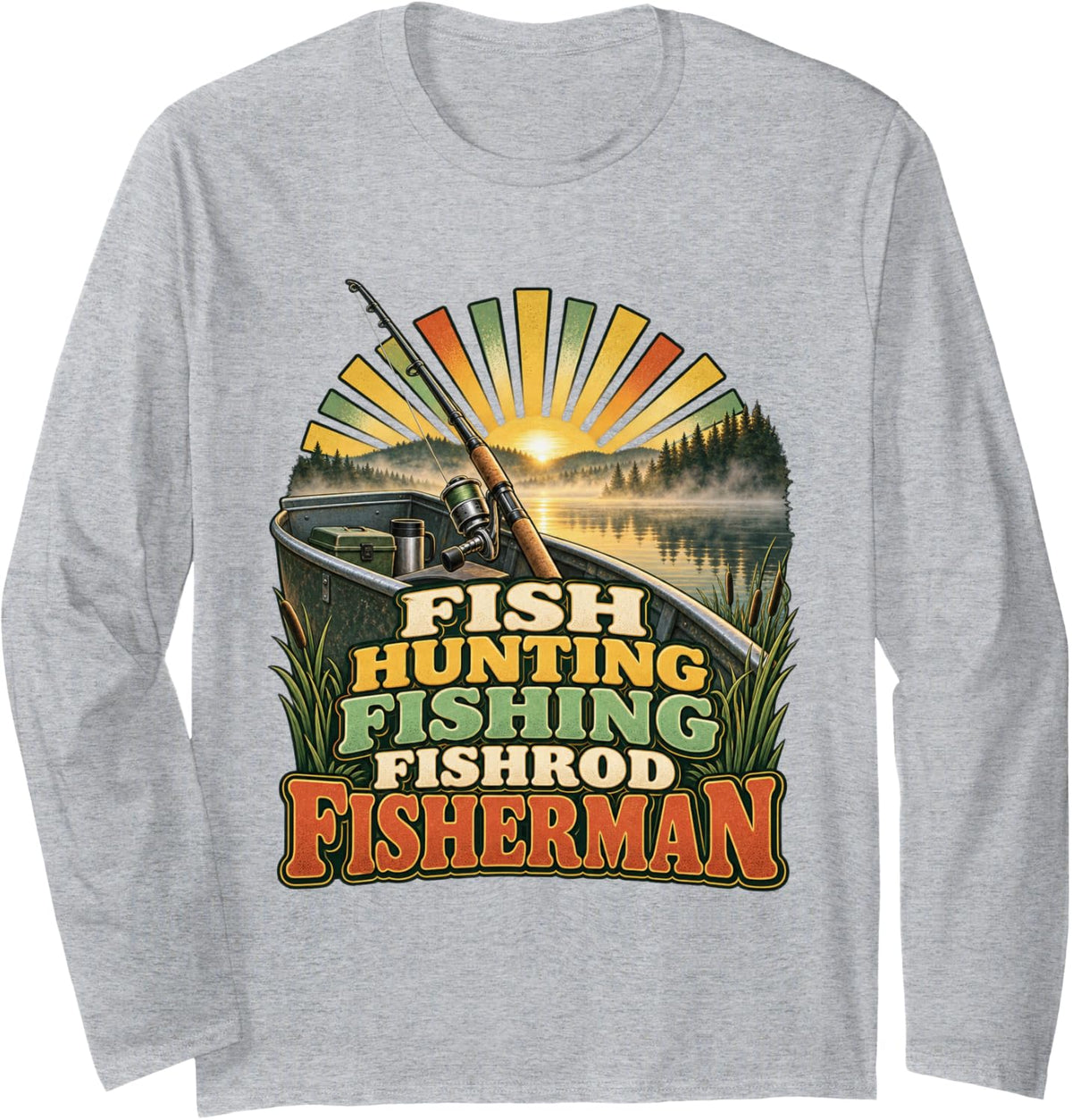 Fish Hunting Fishing Fishrod Fisherman Fishing Graphic Long Sleeve T-Shirt - Adult Unisex Heather Grey
