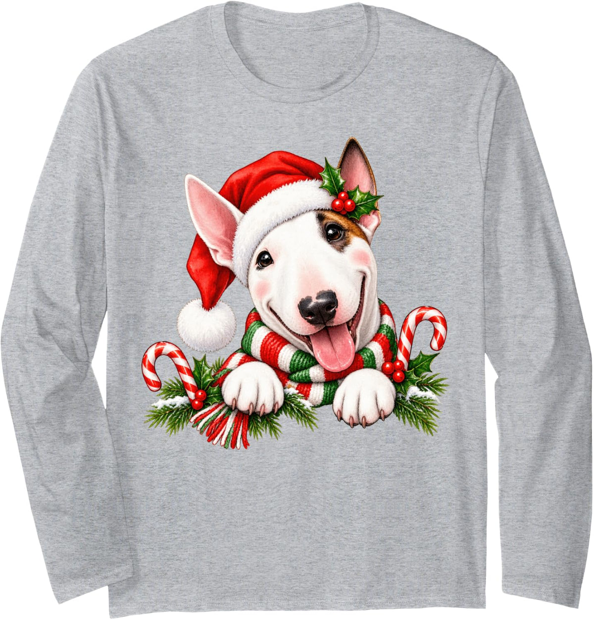 Miniature Bull Terrier Dog Christmas Santa Hat Mom Dad Long Sleeve T-Shirt - Adult Unisex Heather Grey
