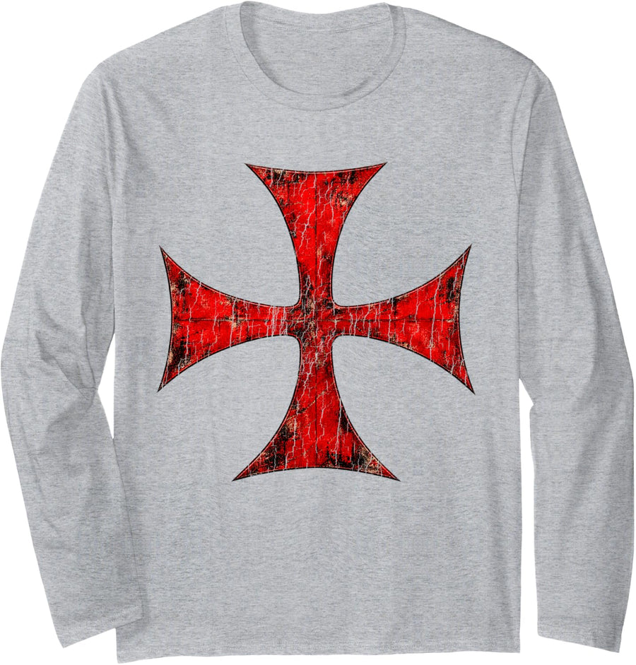 Vintage Templar Cross Christian Knight History Design Long Sleeve T-Shirt - Adult Unisex Heather Grey