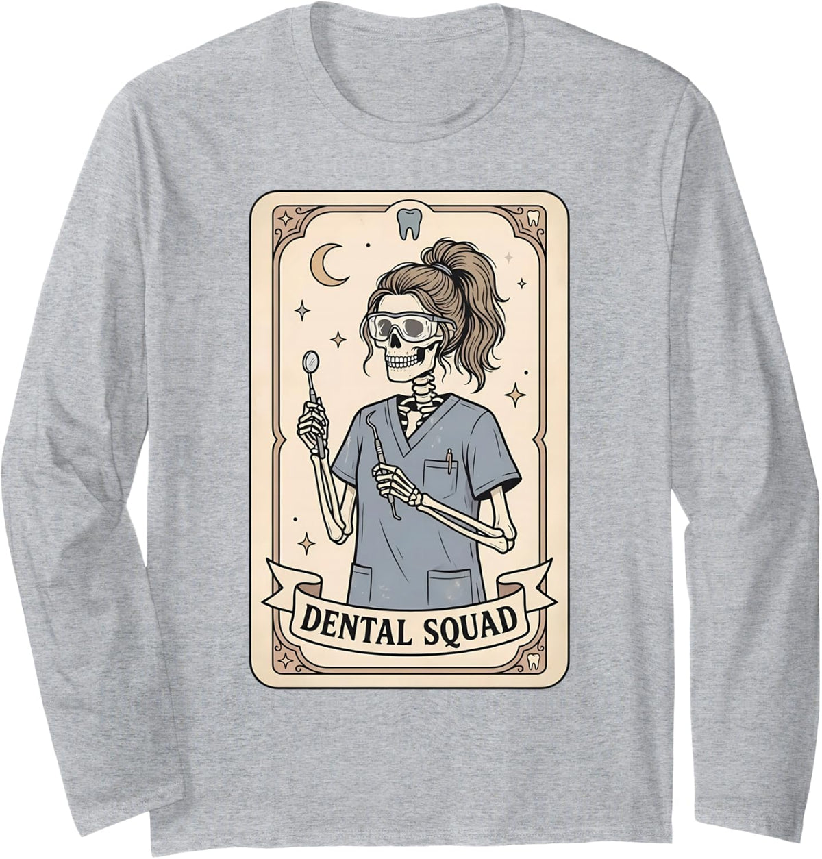 Dental Squad Tarot Card Skeleton Dental Hygienist Halloween Long Sleeve T-Shirt - Adult Unisex Heather Grey