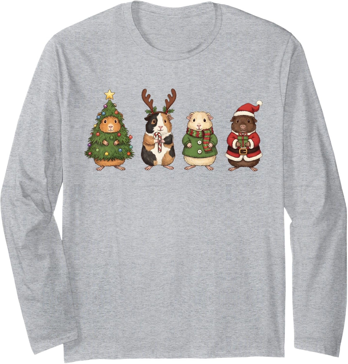 Cute Guinea Pig Christmas Lights Funny Guinea Pig Santa Xmas Long Sleeve T-Shirt - Adult Unisex Heather Grey