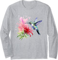 Watercolor Flower Hummingbird For Women Long Sleeve T-Shirt - Adult Unisex Heather Grey